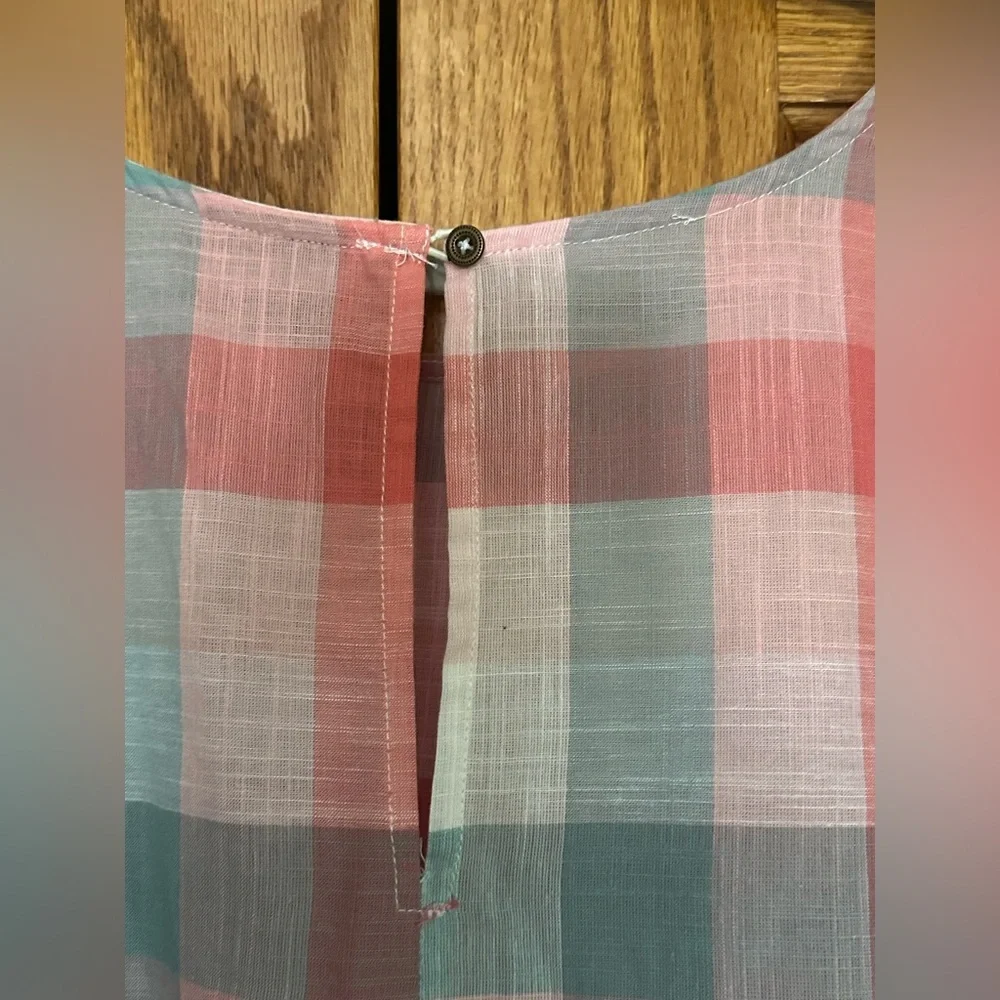 Bobeau Pink Gray White Plaid Lightweight Ruffle Sleeve Blouse - Picture 5 of 7